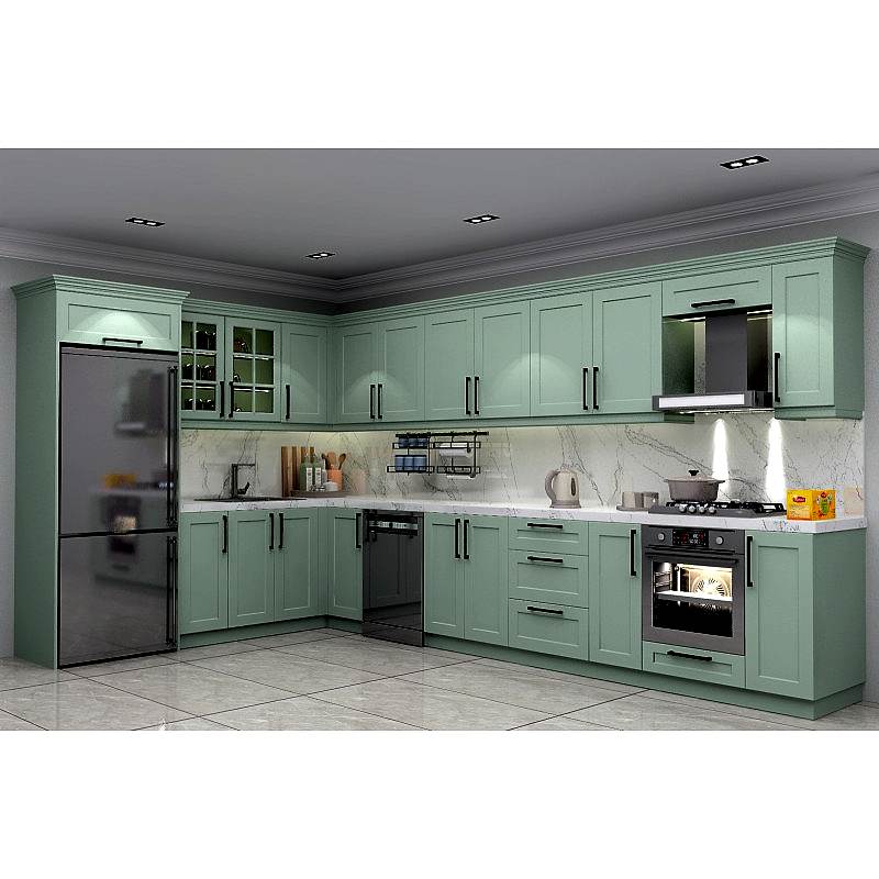 Köşe L Tipi Bodrum Mutfak Dolabı | CNC Country Model Su Yeşili