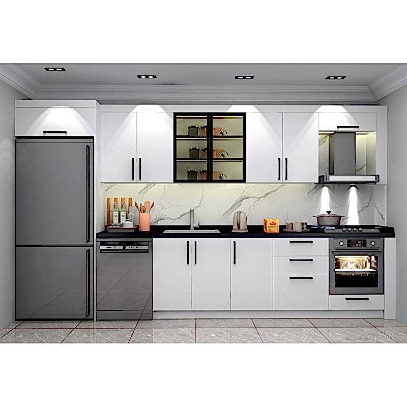 3 Metre Mdf-Lam Mutfak Dolabı – Füme Camlı, Kulplu Tasarım