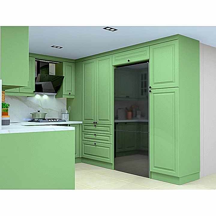 Yeşil Üç Duvar Mutfak Dolabı – U Şeklinde, Özel Kulplu Mat Lake Kapak, Country Tasarım
