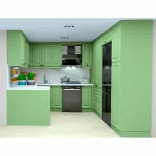 Yeşil Üç Duvar Mutfak Dolabı – U Şeklinde, Özel Kulplu Mat Lake Kapak, Country Tasarım