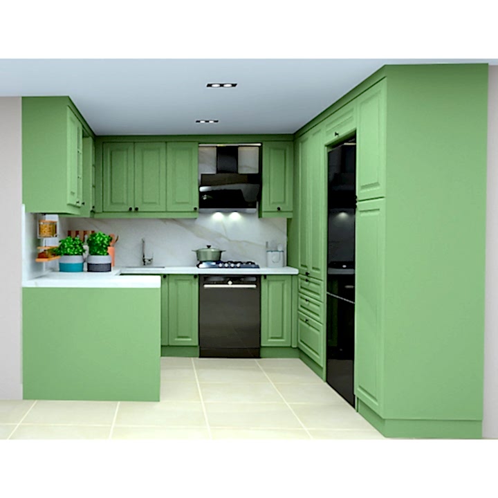 Yeşil Üç Duvar Mutfak Dolabı – U Şeklinde, Özel Kulplu Mat Lake Kapak, Country Tasarım