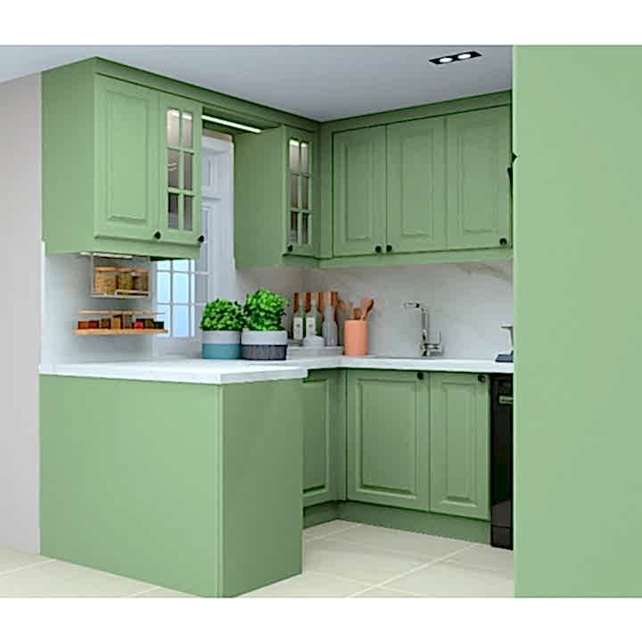 Yeşil Üç Duvar Mutfak Dolabı – U Şeklinde, Özel Kulplu Mat Lake Kapak, Country Tasarım