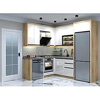 Ahşap Beyaz Köşe Mutfak Dolabı – L Şeklinde, Kulpsuz Mdf-Lam Kapak