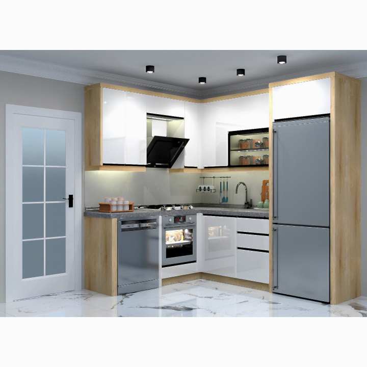 Ahşap Beyaz Köşe Mutfak Dolabı – L Şeklinde, Kulpsuz Mdf-Lam Kapak