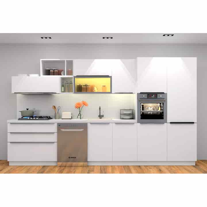 4m Beyaz Mutfak Dolabı – Gömme Kulplu Mdf-Lam Kapak