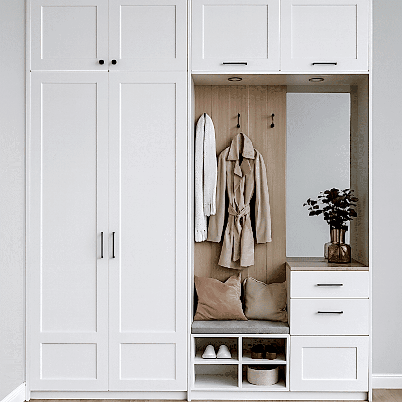 BHR116 Vestiyer Dolabı - Country Model - Çekmeceli Aynalı Raflı Askılı Beyaz Portmanto