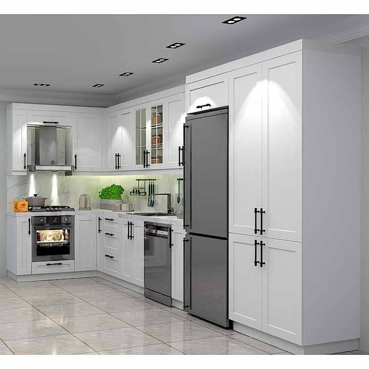 Beyaz Köşe Mutfak Dolabı – L Şeklinde, Özel Kulplu Mat Lake Boyalı Kapak, Country Tasarım