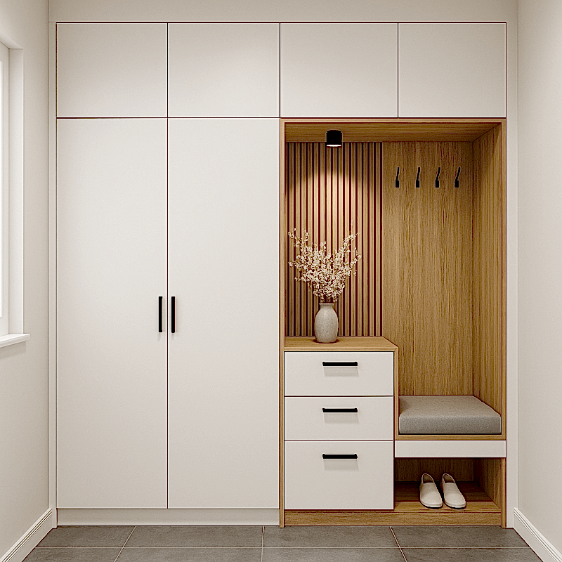 BHR130 Vestiyer Dolap Modeli - Çekmeceli Portmanto Dolabı Ahşap-Beyaz