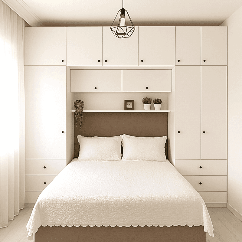 Yatak Üst Dolabı | Beyaz Mdflam Kapaklı Düğme Kulplu Model