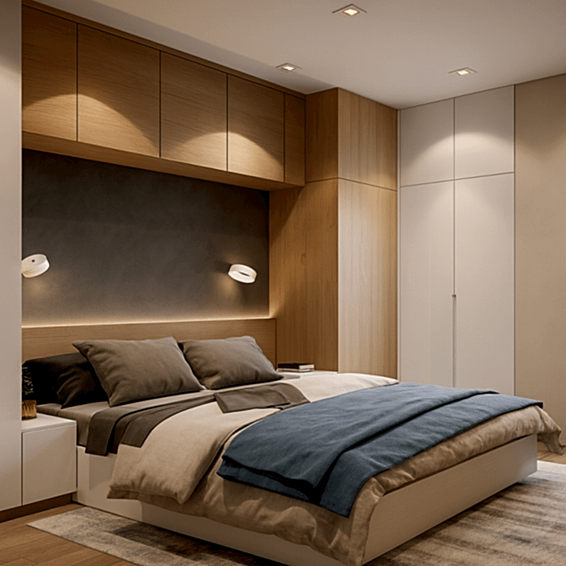 Yatak Başı Gardırop | Ahşap Görünüm Lak Kulpsuz Kapaklı Tasarım