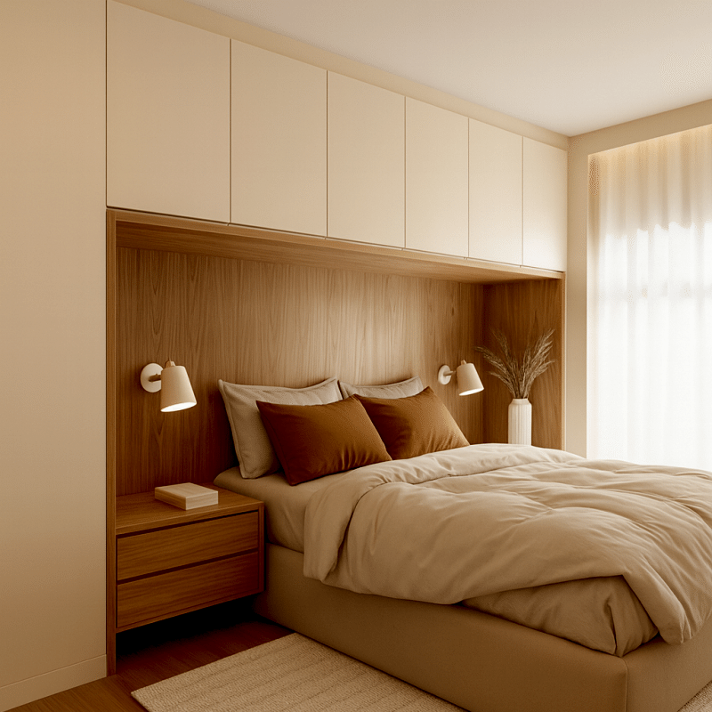 Yatak Başı Gardırop BY098 Modeli - Mat Krem Lak Kulpsuz Kapaklı Tasarım