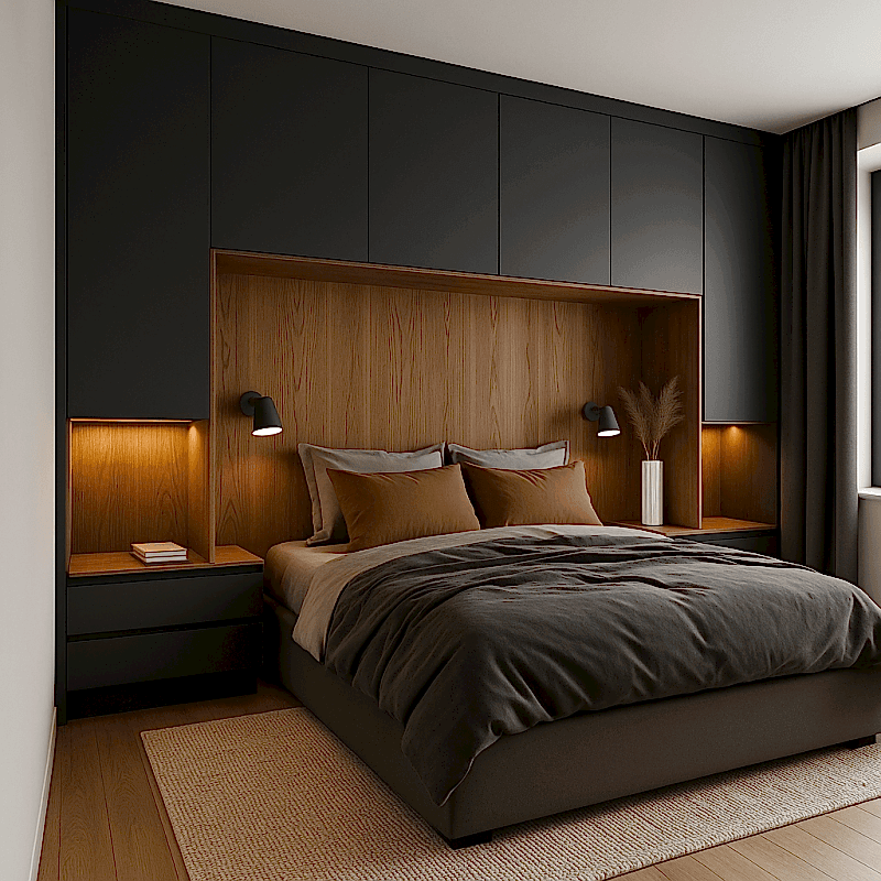 Yatak Başı Gardırop BY099 Modeli - Antrasit, Ahşap Mat Lak Kulpsuz Kapaklı Tasarım