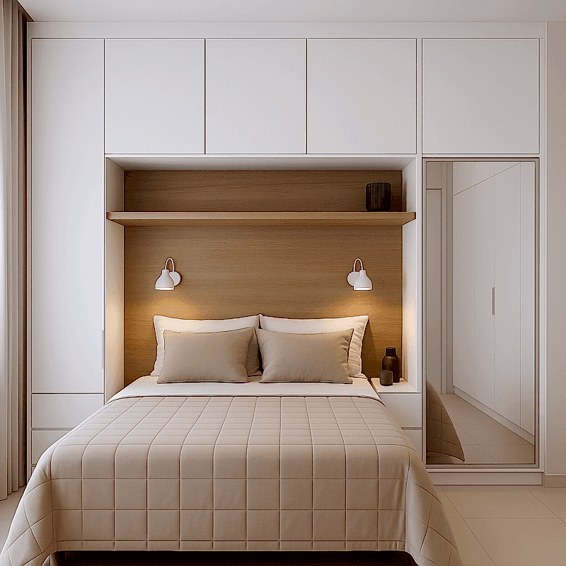 Yatak Başı Dolap BY100 Modeli - Beyaz, Aynalı Mat Lak Kulpsuz Kapaklı Tasarım