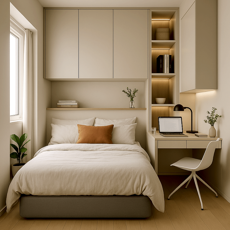 Yatak Üst Dolabı BY106 Modeli - Krem Mat Lak Kulpsuz Kapak Çalışma Masalı