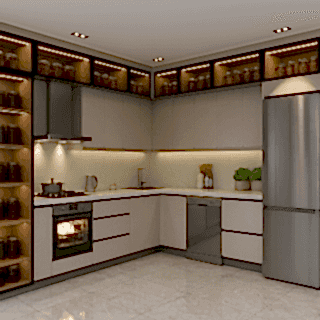 Mat Lak Mutfak Dolabı - Köşe L Tipi Tavana Kadar Kademeli Tasarım