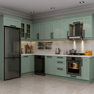 Bodrum Mutfak Dolabı – Köşe L Tipi , CNC İşlemeli Rustik Model, Su Yeşili Renk