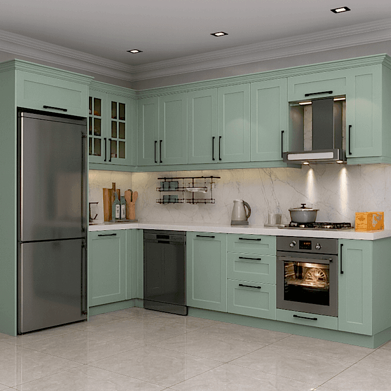 Bodrum Mutfak Dolabı – Köşe L Tipi , CNC İşlemeli Rustik Model, Su Yeşili Renk