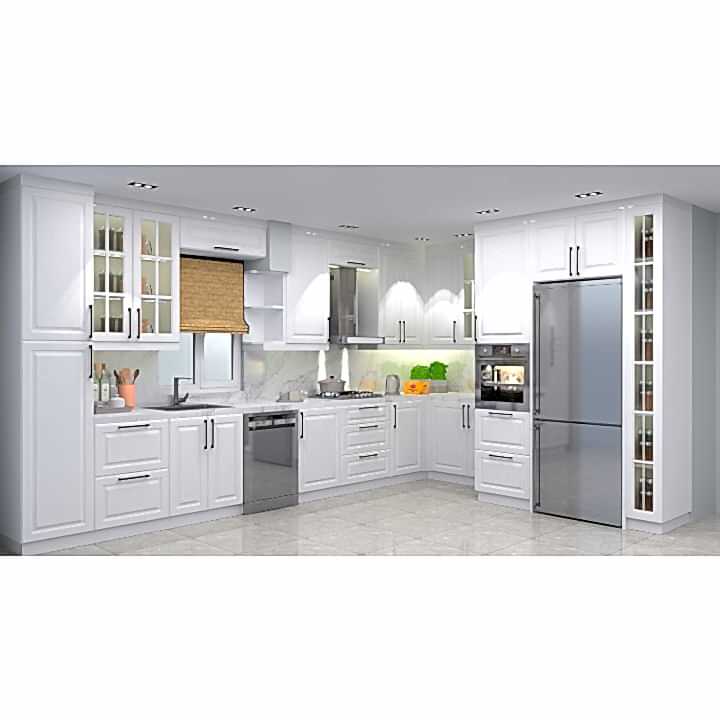 350cm x 500cm Beyaz Köşe Mutfak Dolabı – L Şeklinde, Özel Kulplu Mat Lake Boyalı Kapak, Country Tasarım