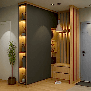 BHR132 Vestiyer Dolap Modeli - Ahşap Seperatörlü, Vitrin Camlı Antrasit Kulpsuz Kapak Portmanto Dolabı