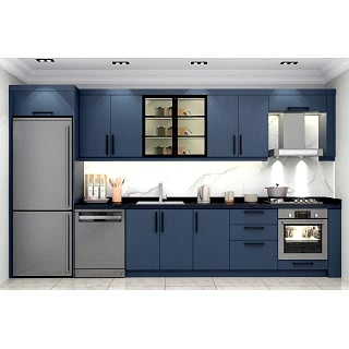 380cm Mavi Mutfak Dolabı - Cam Vitrinli Mat Lak Kapak