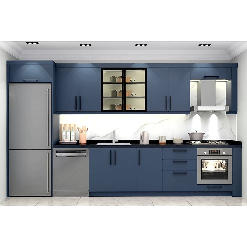 380cm Mavi Mutfak Dolabı - Cam Vitrinli Mat Lak Kapak