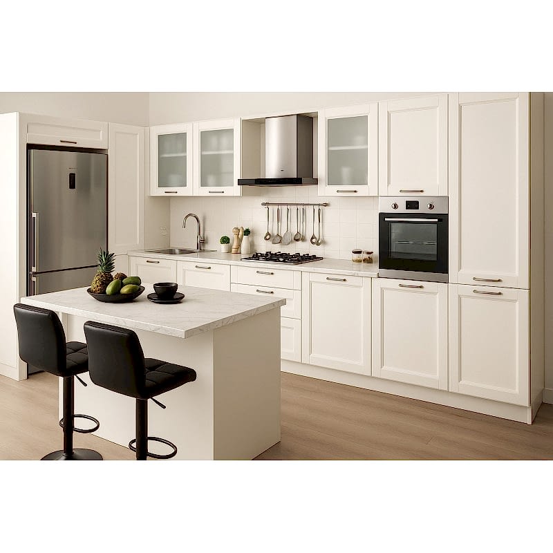 Bodrum Mutfak Dolabı – Köşe L Tipi , CNC İşlemeli Rustik Model, Beyaz Renk