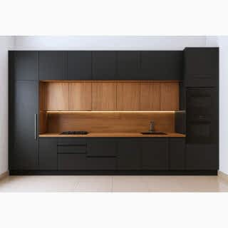 Futuristik Mutfak Dolabı Modeli - Siyah ve Ahşap Uyumu | Özel Seri