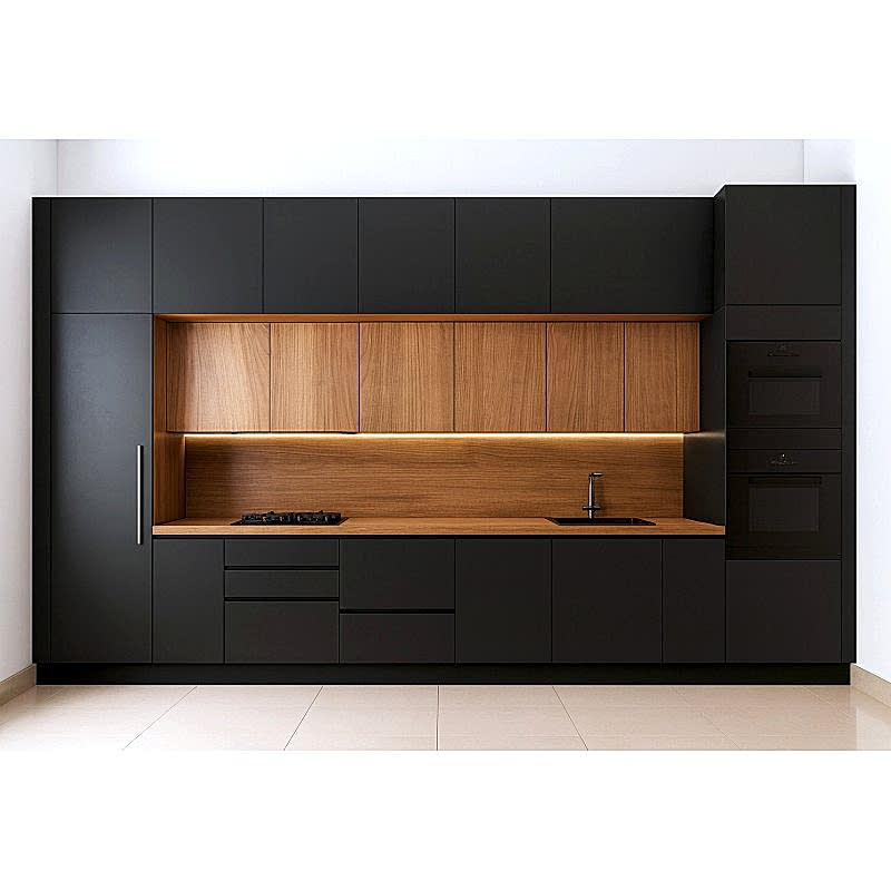 Futuristik Mutfak Dolabı Modeli - Siyah ve Ahşap Uyumu | Özel Seri