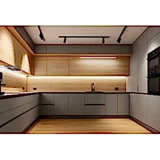 Futuristik Mutfak Dolabı Modeli - U Tipi, Gri ve Ahşap Özel Seri