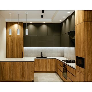 Futuristik Mutfak Dolabı Modeli - U Tipi, Gri ve Ahşap Özel Seri