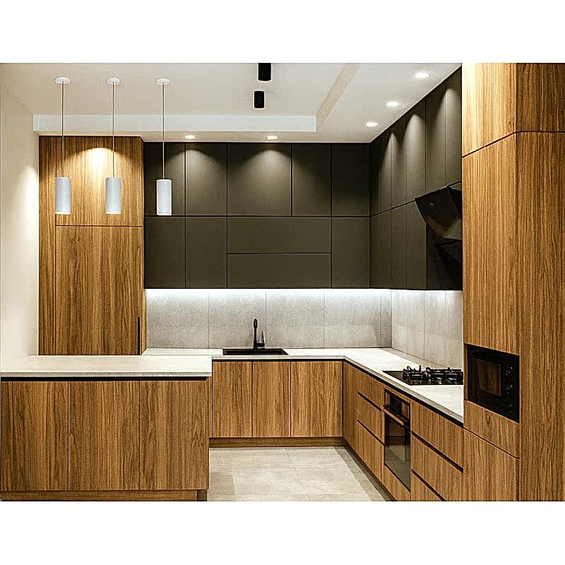 Futuristik Mutfak Dolabı Modeli - U Tipi, Gri ve Ahşap Özel Seri