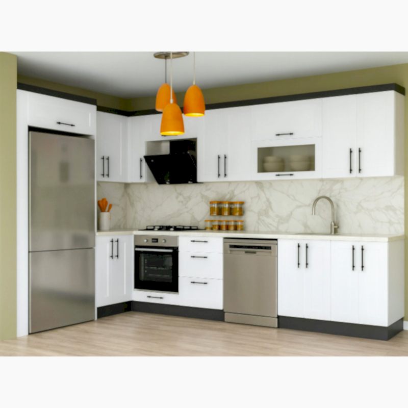 Köşe Mutfak Dolabı – L Şeklinde, Kulplu Beyaz Mdf-Lam Kapak